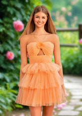 Alison | Chic A Line Orange Tulle Keyhole Short Homecoming Dress with Ruffles - Orange - PromDressClub